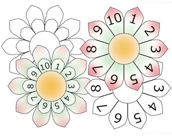 May include: Two pink and green flower-shaped spinners with numbers 1 through 10 on each petal. The spinners are outlined in black.