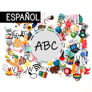 ABC Spanish 27, 50 or 100 alphabet objects, Montessori sound box miniatures, white series language. best selling bestseller homeschool