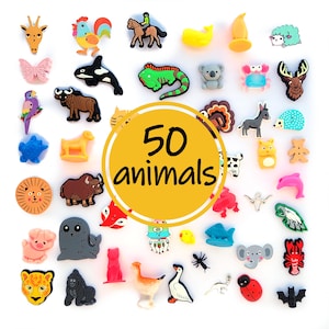 May include: A selection of 50 animal-shaped charms in diverse colours and designs. The charms feature a giraffe, rooster, horse, butterfly, orca, iguana, koala, deer, parrot, bison, lion, fox, pig, seal, and others. The text "50 animals" is in a yellow circle.