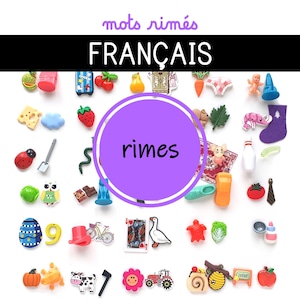 May include: A collection of colorful, miniature objects, including a strawberry, a ladybug, a slice of cheese, and a miniature bicycle. The image has the text "mots rimés FRANÇAIS" and a purple circle with the word "rimes".