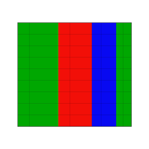 May include: A rectangular grid pattern with green, red, and blue vertical stripes. The green stripes are on the left and right, the red stripe is in the middle, and the blue stripe is between the red and right green stripes.