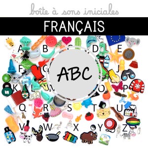 Könnte beinhalten: Eine Sammlung bunter Charms und Schmuckstücke, angeordnet um einen weißen Kreis mit den Buchstaben "ABC". Das Wort "FRANÇAIS" ist in großer Schrift dargestellt. Das Bild enthält eine Vielzahl von Objekten, darunter Lebensmittel, Tiere und Alltagsgegenstände.