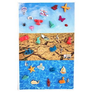 Agua-tierra-aire clasificación del transportes y animales acuáticos, terrestres y aéreos - tapete de algodón y miniaturas para clasificar