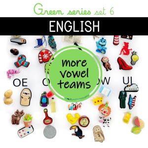 May include: A collection of colorful shoe charms and accessories, including a red high heel, a clown, a toucan, and a sweater. The text "Green series set 6 ENGLISH" and "more vowel teams" are visible.