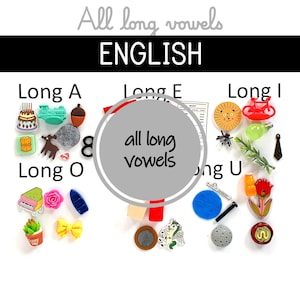 Puede incluir: Una composición educativa con objetos coloridos que representan los sonidos vocálicos largos. La imagen incluye un pastel, un tren, una bellota y otros elementos, con el texto "All long vowels ENGLISH". Los objetos están sobre fondo blanco.