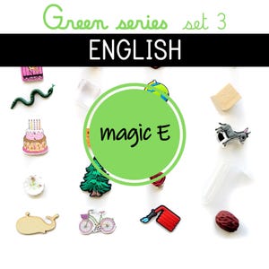 Green series - set 3 - magic E silent E words Montessori lengua inglés a_e, i_e, o_e, u_e