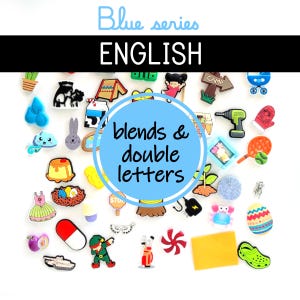 May include: A selection of colourful charms and embellishments, including a drill, a mitten, a tennis racket, and a baby carriage. The image features the text "Blue series ENGLISH blends & double letters."