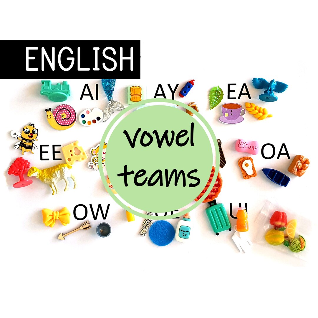 Green Series Most Common Vowel Teams Montessori Lenguage Miniatures 38 Objects Etsy