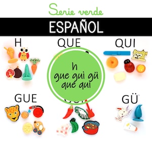 May include: An educational poster in Spanish, titled "Serie verde ESPAÑOL", featuring various small objects. These are arranged around the letters H, QUE, QUI, GUE, and GÜ, including an owl, carrot, and ladybug.