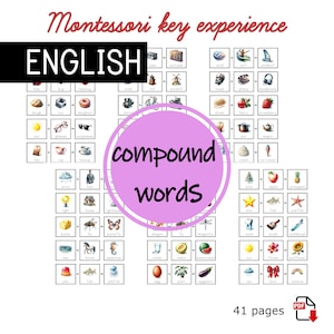 Può includere: Una risorsa di apprendimento Montessori per insegnare le parole composte in inglese. La risorsa presenta illustrazioni colorate di oggetti e parole, come 'wind + mill = windmill' e 'lady + bug = ladybug'. La risorsa comprende 41 pagine.