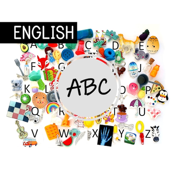 ABC Inglés - 26, 50 o 100 miniaturas abecedario, serie blanca Montessori, caja de sonidos, mejor venta