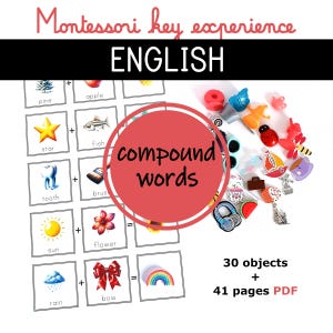 Può includere: Materiale didattico Montessori per l'apprendimento delle parole composte. L'immagine mostra schede con illustrazioni e oggetti, tra cui una stella, un pesce e un fiocco. Il testo recita "compound words" e "30 objects + 41 pages PDF".