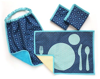 GIFT SET Montessori placemat, bib and child napkins - cotton fabric printed table setting placemat -