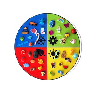 Könnte beinhalten: Ein farbenfrohes Rad, das in vier Abschnitte unterteilt ist, die jeweils eine Jahreszeit repräsentieren. Die Abschnitte sind blau für den Winter, grün für den Frühling, gelb für den Sommer und rot für den Herbst. Jeder Abschnitt ist mit kleinen, bunten, plastischen Symbolen verziert, die die Jahreszeit darstellen.