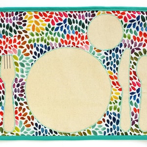 Fait main - Set de table Montessori avec gouttes arc-en-ciel et aquarelles, set de table plastifié « Montessori » pour que les enfants puissent mettre la table eux-mêmes.