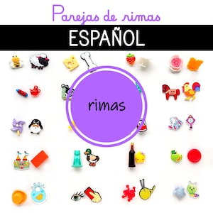 Könnte beinhalten: Eine Sammlung bunter Charms und Verzierungen, darunter eine Biene, ein Schaf, Käse, ein Knochen, eine Erdbeere, eine Rose, ein Pferd, ein Hahn und mehr. Das Bild enthält den Text "Parejas de rimas ESPAÑOL" und "rimas".