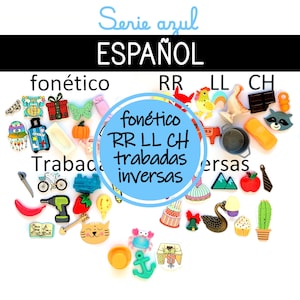 May include: A selection of small, colourful decorative items, such as a butterfly and a cupcake, arranged around Spanish text. The text includes "Serie azul" and "ESPAÑOL", plus other Spanish words. The objects are set against a white background.