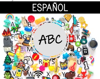 ABC Spanish 27, 50 or 100 alphabet objects, Montessori sound box miniatures, white series language. best selling bestseller homeschool