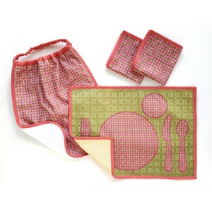 GIFT SET Montessori placemat, bib and child napkins - cotton fabric printed table setting placemat -