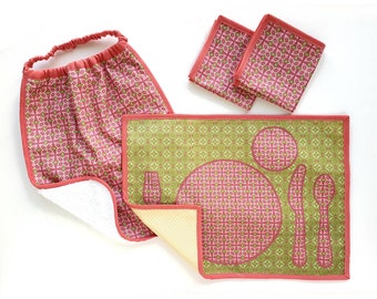 COFFRET CADEAU - nappe, bavoir et serviettes enfant tissu coton imprimé Montessori imperméable cadeau dressage de table