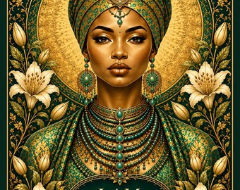May include: A portrait of a person wearing a green and gold patterned turban and matching garment, adorned with layered teal beaded necklaces and ornate earrings. The background features gold floral motifs and lilies, with the text I AM ENOUGH.