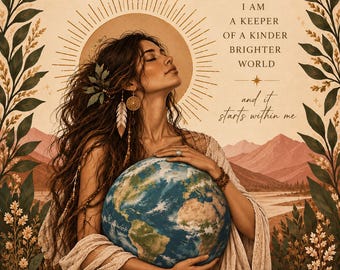 May include: A wall art print featuring a person with long wavy hair holding a globe. The text reads: I AM A KEEPER OF A KINDER BRIGHTER WORLD and it starts within me. The scene includes a sun halo, moon phases, and mountain landscape borders in warm earth tones.