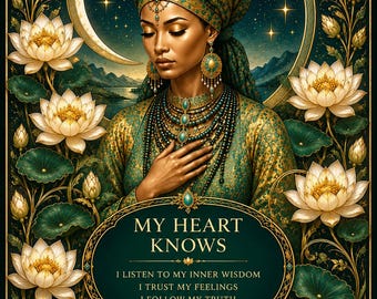 May include: A decorative poster featuring a person in a green and gold headwrap and ornate jewelry, surrounded by white lotus flowers. The text reads: MY HEART KNOWS, I LISTEN TO MY INNER WISDOM, I TRUST MY FEELINGS, I FOLLOW MY TRUTH.