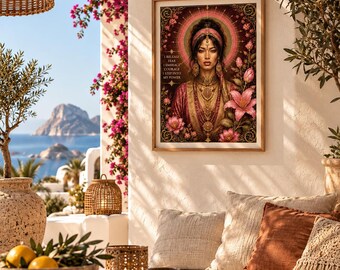 Könnte beinhalten: Ein gerahmter, rechteckiger Wandkunstdruck mit dem Porträt einer Person, die mit verziertem Goldschmuck und einem rosa Kopfschmuck geschmückt ist, umgeben von rosa Lotusblumen und einem leuchtenden Heiligenschein. Der Text lautet: I RELEASE FEAR I EMBRACE COURAGE I STEP INTO MY POWER.