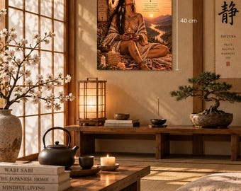 Könnte beinhalten: Ein rechteckiger Wandkunstdruck mit den Maßen 30 cm mal 40 cm, der eine Person in einer Landschaft bei Sonnenuntergang zeigt. Der Text lautet A BRIGHTER TOMORROW LIVES WITHIN ME TODAY, sowie kleinerer Text. Das Bild zeigt einen Baum, Berge und einen Fluss.