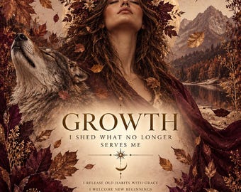 May include: A poster featuring a person with a maple leaf crown, a wolf, and a mountain lake scene in autumn colors. Text reads: GROWTH, I SHED WHAT NO LONGER SERVES ME, I RELEASE OLD HABITS WITH GRACE, I WELCOME NEW BEGINNINGS, I TRUST THE WISDOM OF CHANGE.