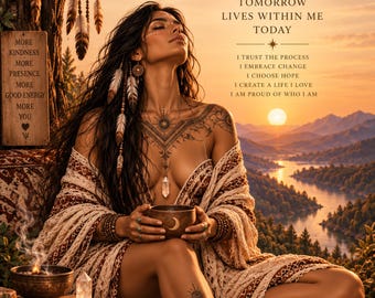 May include: A digital art print featuring a person with dark hair, feathers, and tattoos, holding a bowl. Text reads: A BRIGHTER TOMORROW LIVES WITHIN ME TODAY, I TRUST THE PROCESS, I EMBRACE CHANGE, I CHOOSE HOPE, I CREATE A LIFE I LOVE, I AM PROUD OF WHO I AM.
