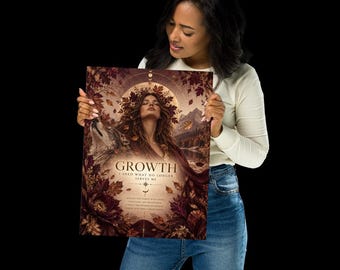Könnte beinhalten: Ein rechteckiger Wandkunstdruck mit einer zentralen Figur, umgeben von Herbstblättern und einem Wolf. Der Text lautet GROWTH, I SHED WHAT NO LONGER SERVES ME, I RELEASE THE PAST WITH GRACE, I WELCOME NEW BEGINNINGS, I TRUST THE WISDOM OF CHANGE.