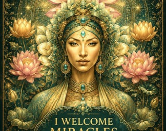 May include: A decorative poster featuring a central figure adorned in gold and teal jewelry, surrounded by pink lotus flowers and intricate gold filigree on a dark green background. The text reads: I WELCOME MIRACLES, I OPEN MY HEART, I TRUST THE UNIVERSE, MAGIC FLOWS TO ME, I RECEIVE BLESSINGS EVERY DAY.