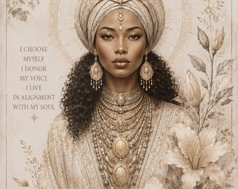 May include: A portrait of a person wearing a cream-colored turban with a central jewel, layered pearl necklaces, and ornate drop earrings. The image features floral accents and the text: I CHOOSE MYSELF I HONOR MY VOICE I LIVE IN ALIGNMENT WITH MY SOUL.