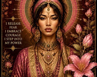 May include: A digital illustration of a person wearing a pink headpiece, ornate gold necklaces, and a patterned garment. The text reads: I RELEASE FEAR I EMBRACE COURAGE I STEP INTO MY POWER. Pink lotus flowers surround the figure against a dark background.