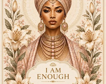 May include: A digital illustration featuring a person wearing a patterned turban and layered pearl jewelry, framed by lilies. The text reads: I AM ENOUGH, I AM WORTHY, I AM STRONG, I AM WHOLE, I AM ENOUGH. The color palette consists of soft beige, cream, and gold tones.