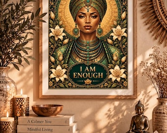 Könnte beinhalten: Ein gerahmter Wandkunstdruck mit dem Porträt einer Person, die einen grün-goldenen Turban und verzierten Schmuck trägt, umgeben von Blumenmustern und einem goldenen Heiligenschein. Der Text "I AM ENOUGH" steht mittig unten im Bild.