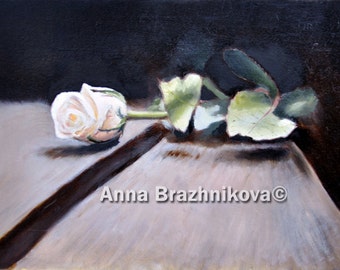 Una rosa blanca / Artista ucraniano / Pintura original / Pintura al óleo sobre la mesa de madera / Fondo oscuro / Decoración / Arte