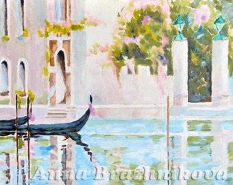 Venice, Italy | Ukrainian artist | Oil painting | Venice painting | Small romantic canal in Venice | 2 gondolas | Garden with pink flowers