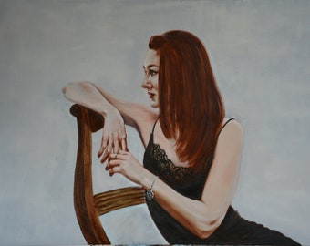 La donna nei pensieri / Artista ucraino / Pittura originale / Pittura ad olio / Pittura figurativa / Donna in un vestitino nero / Fine Art