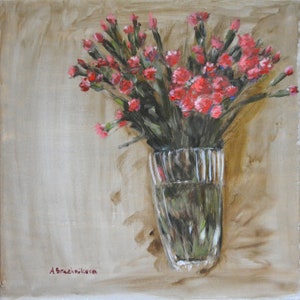 Flores rosadas en el jarrón / Artista ucraniano / Pintura al óleo / Pintura original / Arte mural floral / Lienzo / Bodegón / Inspiración amorosa