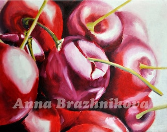 Red juicy cherries | Ukrainian artist | Original Oil Painting | Oil Painting | Cherry Painting | Red | Art | Wall art | Decor