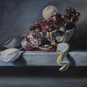 Still life | Ukrainian artist | Original oil Painting | Painting technique of the old Flemish masters | Grapes, tulips, apple, pomegranate