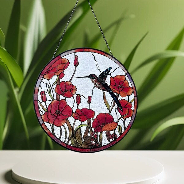 Hummingbird Suncatcher /Hummingbird Poppy Stained Glass/ Suncatcher for Window/Art Gift for Hummingbird Lovers/ Ideal Gift for Mom