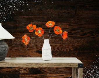 Faux Flower in vase/California Poppy set of 6 stained glass /Gift for her/Home decor/Mother's Day gif/Poppy flower decor/Orange flower