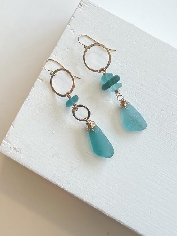 Sea Glass Earrings, Asymertical  Sea Glass Earrings