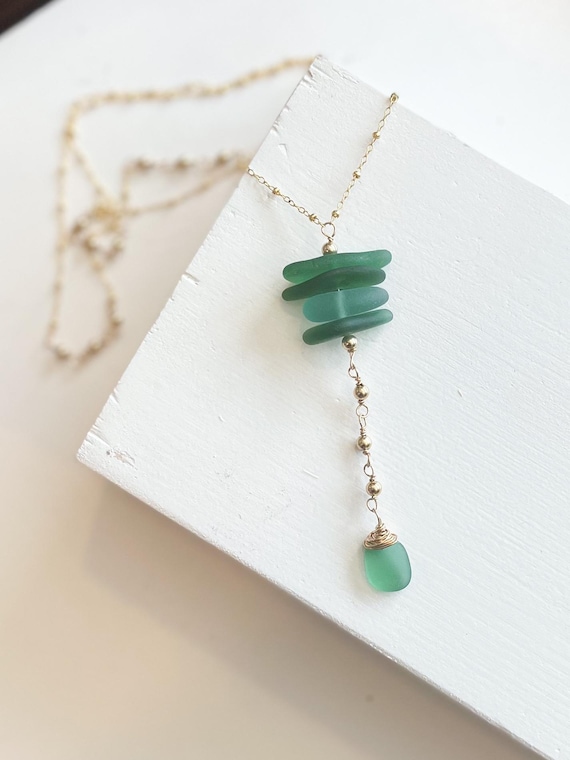 Rosary Style Sea Glass Necklace, Gold filled   Sea Glass , Layered Sea Glass Necklace
