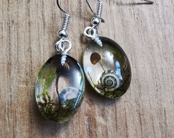 TINY MUSHROOM EARRINGS, Oval Droplets, Eco Friendly Resin, Mossy Woodland Microworlds, Fairy Portal Dangly Pendants, Gift For Friend