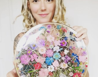 FLORAL CRYSTAL GRID, Extra Large 30cm, Custom Colour Sacred Geometry Design, With Real Pressed Flowers In Eco Resin, Handmade To Order