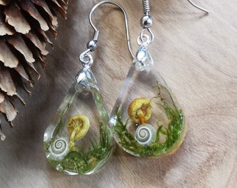 TEARDROP MUSHROOM EARRINGS, Custom Closures In Bronze Or Silver, Tiny Worlds With Real Toadstools & Moss, Made From Crystal Clear Eco Resin